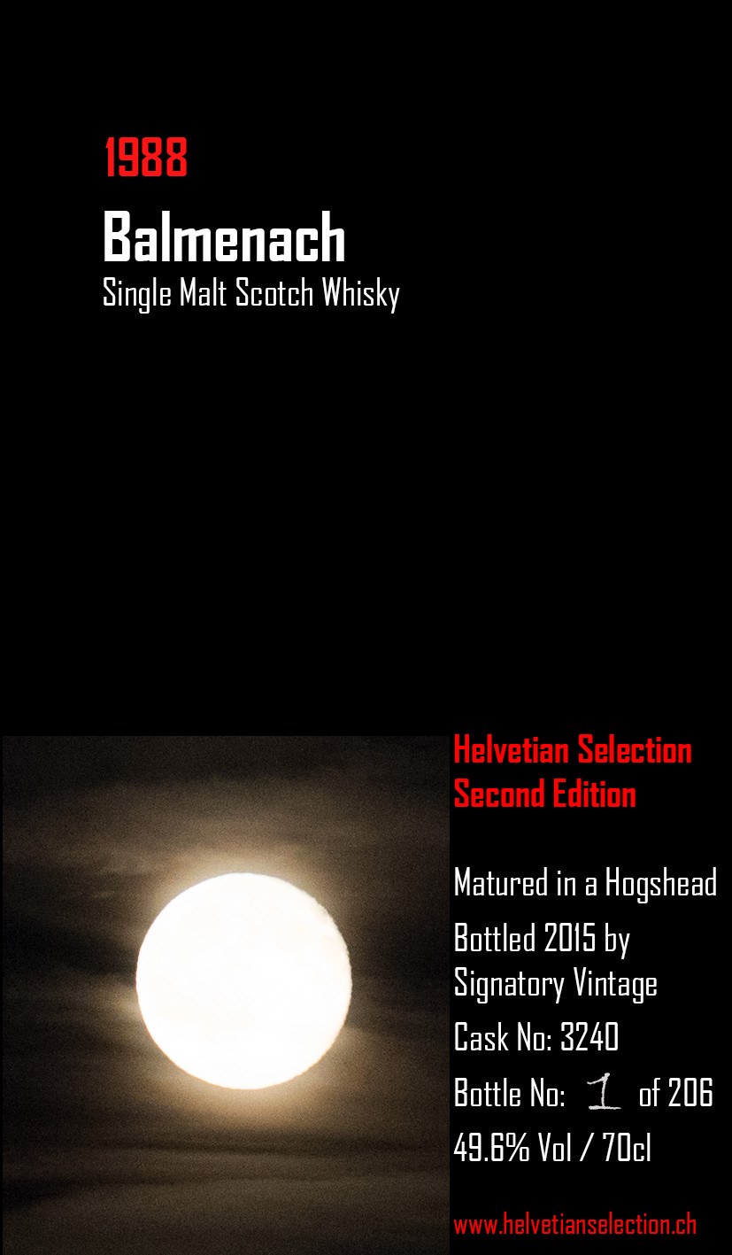 Eine fantastisch gestaltete Etikette der Whiskyflasche Balmenach 1988 Vollmond Edition
