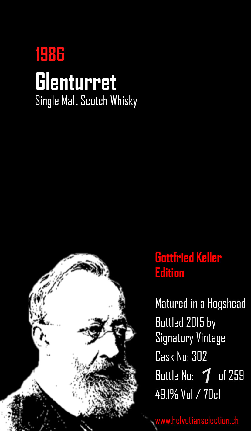 Eine fantastisch gestaltete Etikette der Whiskyflasche Gottfried Keller Edition Glenturret 1986